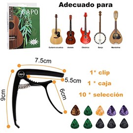 Afinador para Guitarra Juego de 11 Piezas,con Ranuras（Capo guitarra*1+Puas para guitarra*10)