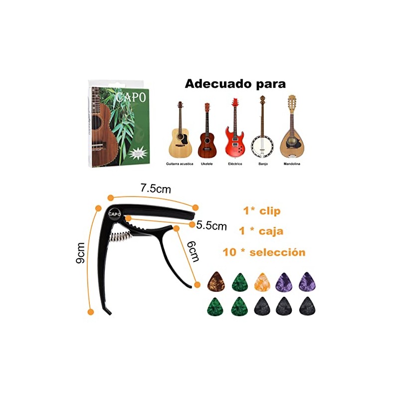 Afinador para Guitarra Juego de 11 Piezas,con Ranuras（Capo guitarra*1+Puas para