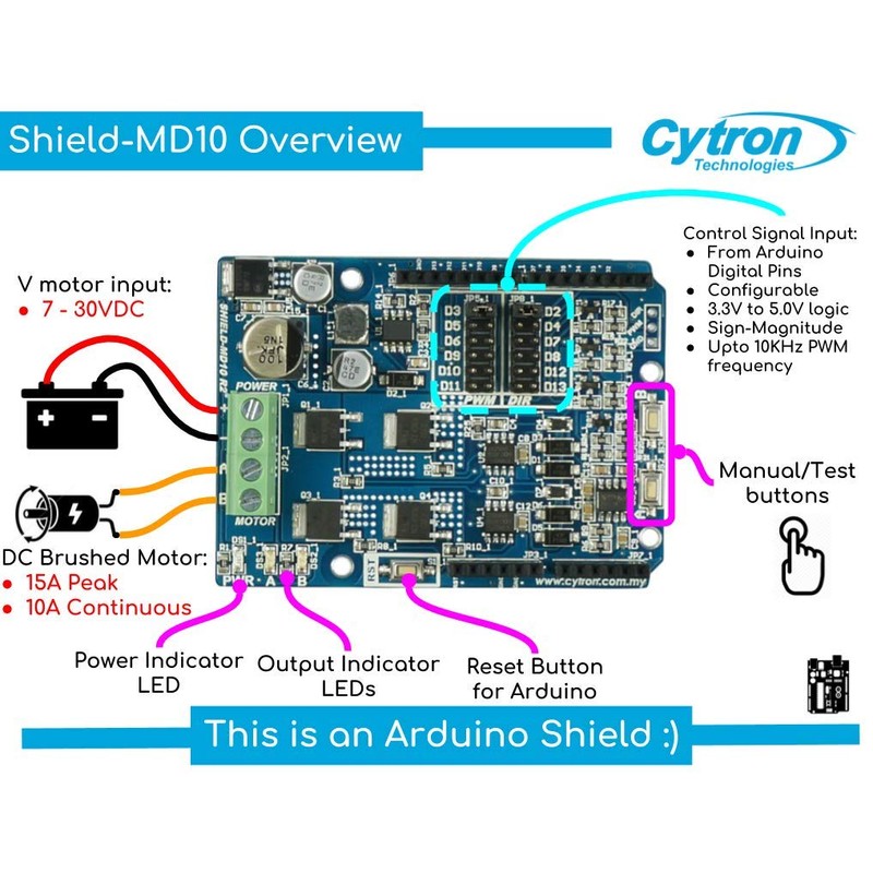 Cytron 10A Bi-Directional DC Motor Driver Shield for Arduino, 7v-30v,