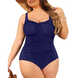Daci Traje de baño de una pieza para mujer, talla grande, control de abdomen, traje de baño clásico fruncido, Azul marino, 22 Plus