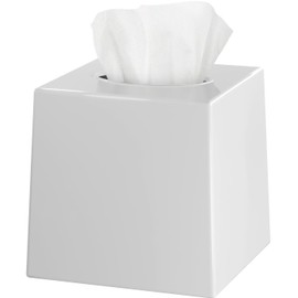 White Tissue Box Cover Square - Plastic Facial Tissue Box Holder - Decorative Cube Tissue Holder Dispenser Fits Any Vanity Countertop, Bedroom Dresser, Office, Bathroom Decor