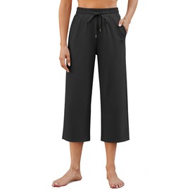 G4Free Loose Womens Wide Leg Yoga Capris for Summer Stretch Comfy Cropped Pants with Pockets(Black,XL,22")