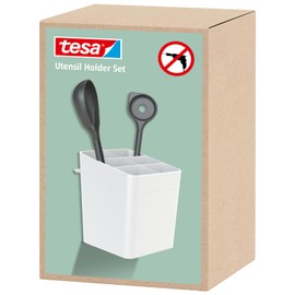 tesa Küchenutensilienhalter – zum Kleben Behälter für die Aufbewahrung von Küchenutensilien - Küchenzubehör - mit Adapter, Wandmontage ohne Bohren - Weiß