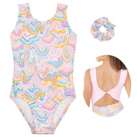 Garland Activewear Comfortable Open Back Gymnastics Leotards for Girls, Includes Matching Scrunchie, Dance Tumbling or Ballet Leotards for Girls, Gymnastics Outfit (Pastel Swirl, Adult Small (AS))