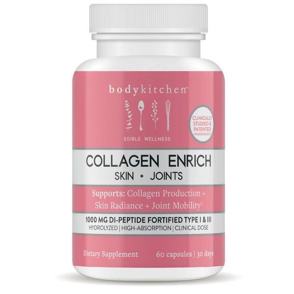 Body Kitchen Collagen Enrich, Skin and Joint Supplement, Supports Healthy Collagen Production, with Hyaluronic Acid, Trans-Resveratrol, Silica, Veggie Caps, 60 Count