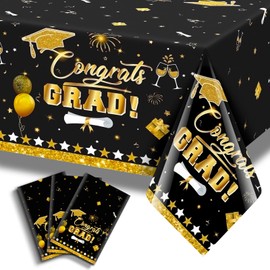 Tixiquns 3 Pack Graduation Tablecloth Decorations,54x128inch Black Gold Congrats Grad Disposable Plastic Waterproof Square Table Cloth Cover Decor for Class of 2024 College High School Party Supplies