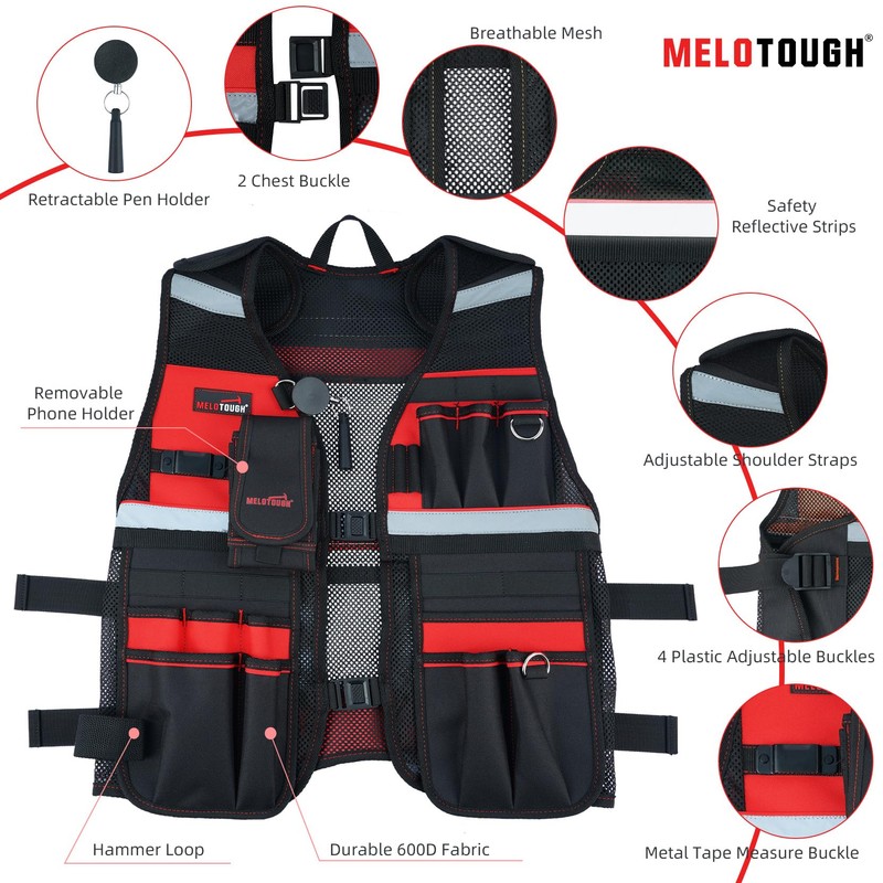 MELOTOUGH Tool Vest for Men Reflective Safety Tool Vest with