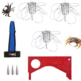 10-Loop Crab Trap, Stainless Steel Cylindrical Crab Snare for Dungeness, Rock and Blue Crab，Fishing Poles Partner（Includes Glove Crab Measuring Ruler and Water Drop Lead Pendants）