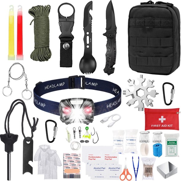 Poktlife 180 in 1 Emergency Survival Kit with First Aid Kit, Survival Blanket, Survival Knife, Flashlight, Compass, Hunting Adventures Travel Camping