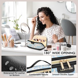 DOSUKE Travel Makeup Bag, Large Capacity Cosmetic Bags for Women, Water-Resistant Portable Travel Toiletry Bag Skincare Bag Stuff for Women with Handle and Divider Open Flat PU Bottom