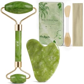 Real Perfection Juego de herramientas faciales Gua Sha con rodillo facial para arrugas, rodillo de jade y juego de Gua Sha, cepillo exfoliante para po