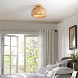 Bamboo Flush Mount Light Fixture Natural Handmade Woven Semi Flush Mount Ceiling Light for Hallway Bedroom Kitchen Entryway Farmhouse
