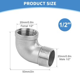 Stainless Steel 90 Degree Angle Connector, Pack of 3, 1/2 Inch Male x 1/2 Inch Female Stainless Steel 304 Elbow Connector Pipe Fitting for Water, Air, Sanitary