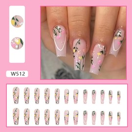 Vezocim Press on Nails Coffin with Flower Designs, 24Pcs Artificial Medium Square Fake Nails with Glue, Glossy Full Cover Acrylic Tulip Floral False Nails, Stick on Fingernails for Women (W512)