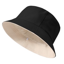 TOMEEK Fishing Hat Men's Bucket Hat Women's Sun Hat Reversible Fishing Hats Cotton Summer Hat Unisex Fishing Hat Double-Sided Leisure Hat Foldable Plain, Black Beige