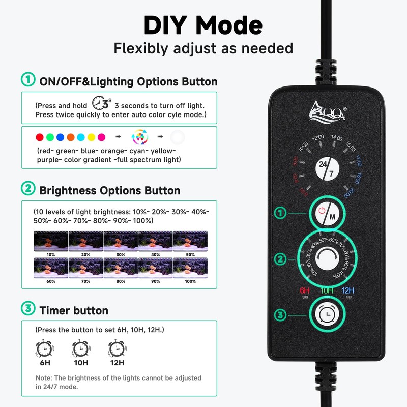 AQQA LED Aquarium Light, 24/7 Mode IP68 Waterproof Extendable Bracket
