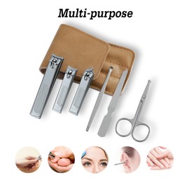 atimier Nail Clipper Set, 6 Pcs Toenail Clippers, Stainless Steel Fingernail Clipper, and PU Leather Manicure Set, Gift Ideas (Beige)