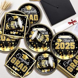 2025 Graduation Party Decorations Graduation Decoration 2025 Black Disposable Graduation Tableware Set Plates, Cups, Napkins, Tablecloth and Banner for Congrats Grad Class Of 2025, Serves 24