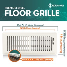 Shoemaker 4x12 Floor Register – Warm White Heavy Duty Metal Floor Vent Cover for Home Floors - Premium Forced Air Vent Covers