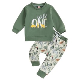 Carolilly Toddler Baby Boys First Birthday Outfits Long Sleeve Sweatshirt Pullover Letter Print Birthday Boy+Animal Print Pants 2PCs Baby Boys Clothing Sets Birthday Gift (Green, 12-18 Months)