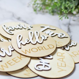 Wooden 3D Monthly Milestone Discs for Baby Photos (20 pcs Set), First Year Monthly Milestone Marker, Includes 1-5 Years, Natural Stained