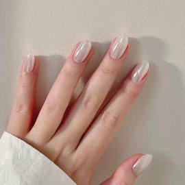 24pcs Almond False Nails - White Pearl Stick on Nails - Oval Short Fake Nails with Glue - 12 Sizes Aurora French Tip False Nails - Full Cover Acrylic Nails with Design Elegant for Women Girls