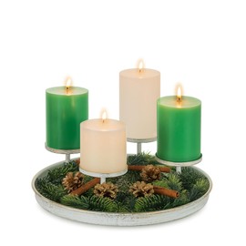 Sziqiqi Adventskranz Weiß Metall Adventsgesteck: Rund Adventsteller Kerzentablett Advent mit Kerzenhalter für 4 Stumpenkerzen - Vintage Tablett Adventskranz Kerzenständer für Tischdeko Weihnachten