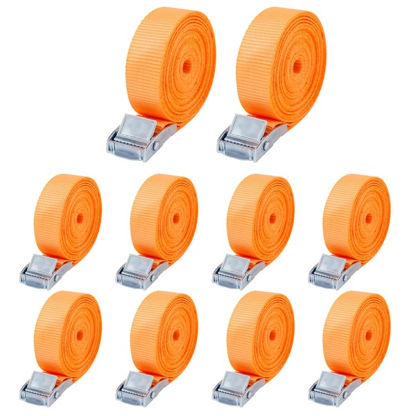 Pack of 10 lashing straps, lashing straps, 25 mm x 2 m, with clamping lock, for bicycles, trolleys, luggage, according to DIN EN 12195-2, colour: orange