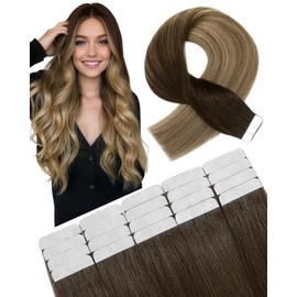SLEEKALON Invisible Tape in Hair Extensions Real Human Hair 10 Pcs Thinned Version #2/6/18 Balayage Dark Brown/Light Brown/Ash Blonde - Seamless Skin Weft Remy HairPiece Extension 16 Inch 15 Gram