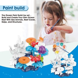 KC Republic Ocean Reef Sea Creatures 37pcs Water Washable Painting & Building Toy Set, Children's Activity Art Kit, Paint Your Own Buildable Ocean Reef Toy with Seahorse, Fish, Dolphin, Shark, Crab