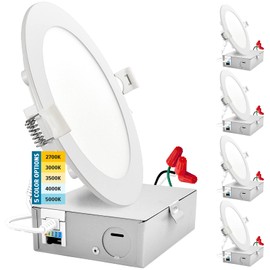 SUNPERIAN 6 Inch Ultra-Thin LED Recessed Lighting with Junction Box, 5 Color Options 2700K/3000K/3500K/4000K/5000K, 12W, 1000 Lumens, Dimmable Wafer Lights, Wet Rated, IC Rated, ETL Listed (4 Pack)