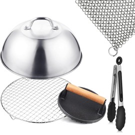 Griddle Accessories, Commercial Grade 9" Heavy Duty Melting Dome, Round Burger Press and Multipurpose Wire Rack, Stainless Steel Cast Iron Cleaner, Kitchen Tongs, Best for Flat Top Grill Cooking