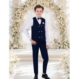 mintgreen Boys Suits, Kids Wedding Outfit Gentleman Waistcoat Long Sleeves Clothes Set, Navy Blue, 11-12 Years, 160