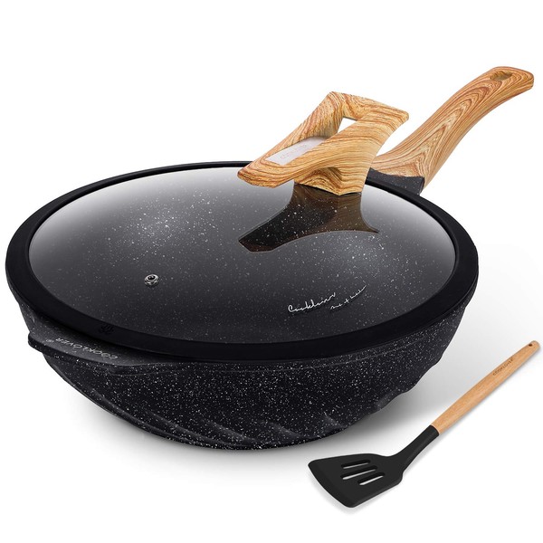 Nonstick Woks And Stir Fry Pans Die-cast Aluminum Scratch Resistant 100% PFOA Free Induction Wok pan with Lid 12.6 Inch - Black