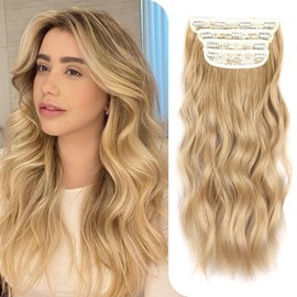 Clip in Hair Extensions Synthetic 4PCS Long Wavy Hair Extensions Thick Full Head Hairpiece 20 Inch Honey Blonde Mixed Bleach Blonde Hair Highlights for Women