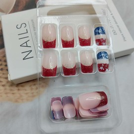 24Pcs Independence Day Nails 4th of July Press on Nails Medium French Tip Fake Nails Red White Blue Stripe Star Artificial Glue on Nails Glitter French Nails Tip Patriotic False Nails for Women Girls