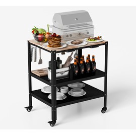 Outdoor Grill Cart, Pizza Oven Table with Hooks and Side Handle, Double-Shelf Dining, Movable Stainless Steel Kitchen Cooking Prep Table BBQ Cart for Home Party, Bar, Camping