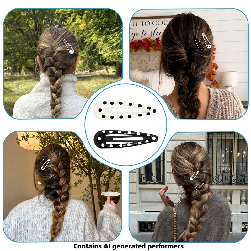 12 Pcs Polka Dot Hair Clips Black White Water-Drop for