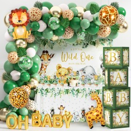 JOPHMO Safari Jungle Baby Shower Decorations for Boy Girl Wild One First Birthday Party Supplies Safari Balloons Garland Arch Kit Baby Boxes with Letters Wild One Backdrop Animal Tablecloth (Green)