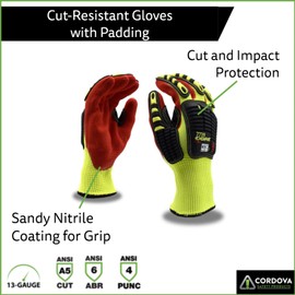 Cordova 7739 Hi-Vis Yellow Cut-Resistant Gloves, HPPE/Glass Fiber, Sandy Nitrile Palm Coating, Foam Padding, 13-Gauge, Anti-Cut, Aramid Thumb Crotch, TPR Impact Protection, 2X-Large