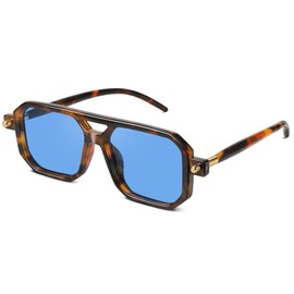 kunchu Retro Aviator Sunglasses for Women Men - 70s Trendy Square Vintage Shade Sun Glasses UV Protection (Leopard/Blue)