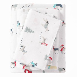 Great Bay Home Christmas Flannel Sheet Set King Size - 100% Turkish Cotton, Double-Brushed, Winter Bed Sheets - Ultra-Soft, Cozy, 4-Piece Christmas Bedding Set (Pups in The Snow)