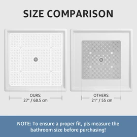Yolife Square Shower Mat, 27" x 27" Large Shower Mat with Center Drain Hole, Soft TPE Non Slip Shower Mats for Inside Shower with Suction Cups, Anti Slip Washable Shower Floor Mat, White