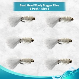 Feeder Creek Fly Fishing Flies | 6pc Woolly Bugger Assortment in 4 Colors, 3 Sizes - Ideal Flies for Fly Fishing | Trout Flies | Bass Flies | Streamer Flies | Wet Flies (Size 8 White - 6 Pack)