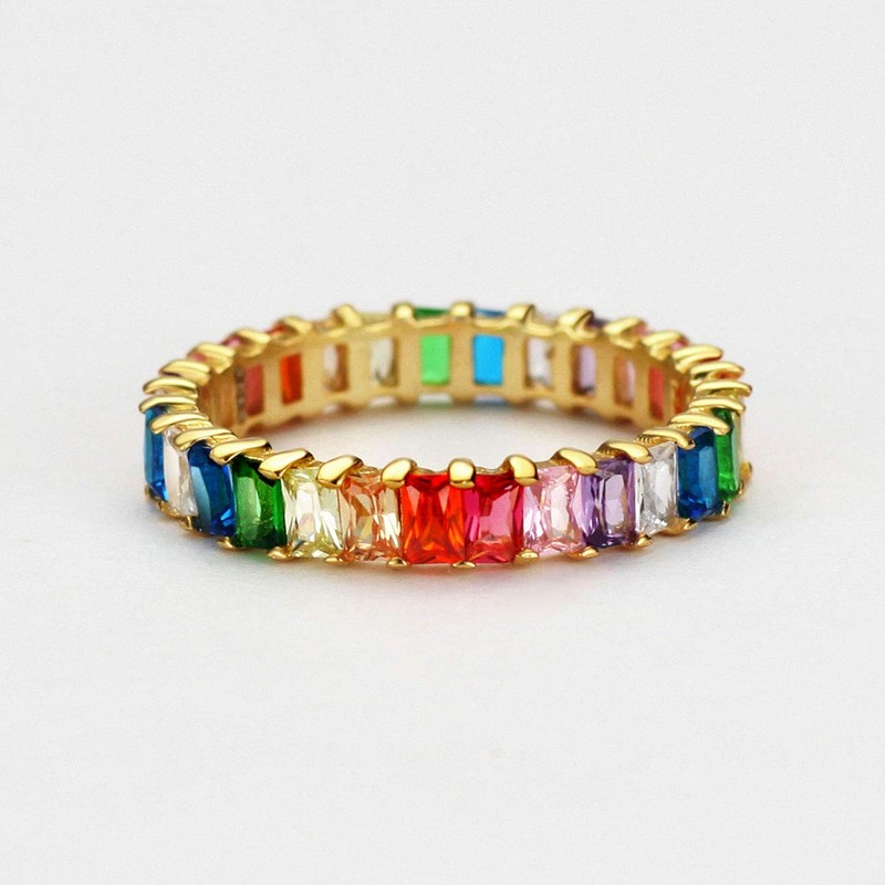 Michooyel 18K Gold Plated Emerald Cut Eternity Band Ring Rainbow