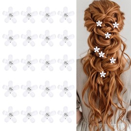 Nogeqi Pack of 20 White Mini Hair Accessories Flowers Hair Clips Small, Mini Hair Clips Flowers Communion Hair Clip Flower with Rhinestones for Wedding, Daily Use Girls (16 mm)