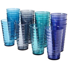US Acrylic Splash [Set of 16] 18 ounce Plastic Stackable Water Tumblers in 4 Coastal Colors Value Set of Drinking Cups, Reusable, BPA-free, Made in the USA, Top-rack Dishwasher Safe