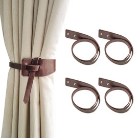Leather Curtain Tie Backs, 4 Piece Minimalist Leather Drapery Tiebacks, Window Treatment Holdbacks, Vintage Style Curtain Tie Backs Curtain Buckle (Coffee)