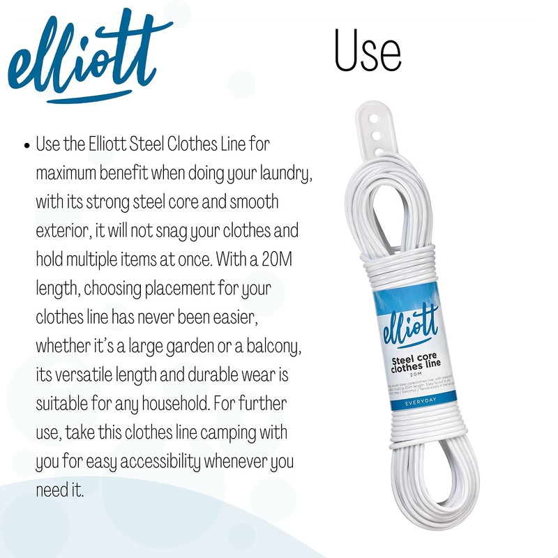 Elliott Steel Core Clothes Line, 20 Meters, White, Extra Stong,
