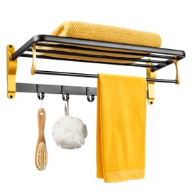 JENHOME 22.8 Inch Towel Rack for Bathroom Wall Mounted, Foldable Aluminum Towel Bar & Shelf - Rustproof & Sturdy Bathroom Towel Holder, No Assembly Needed ，Black Gold